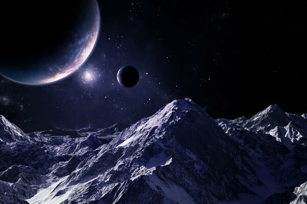 Planets with a bright star over mountain ranges