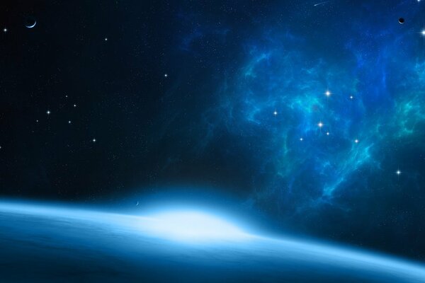 A nebula in space against the background of planets and stars
