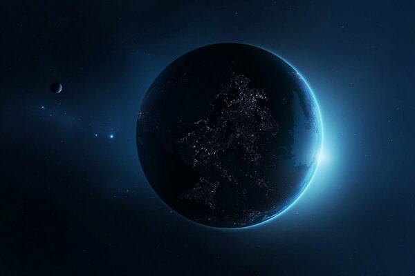 A planet with a satellite, with the lights of civilization on the surface against the background of a rising star