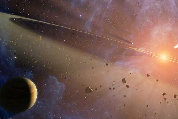 Asteroids flying past planets in space