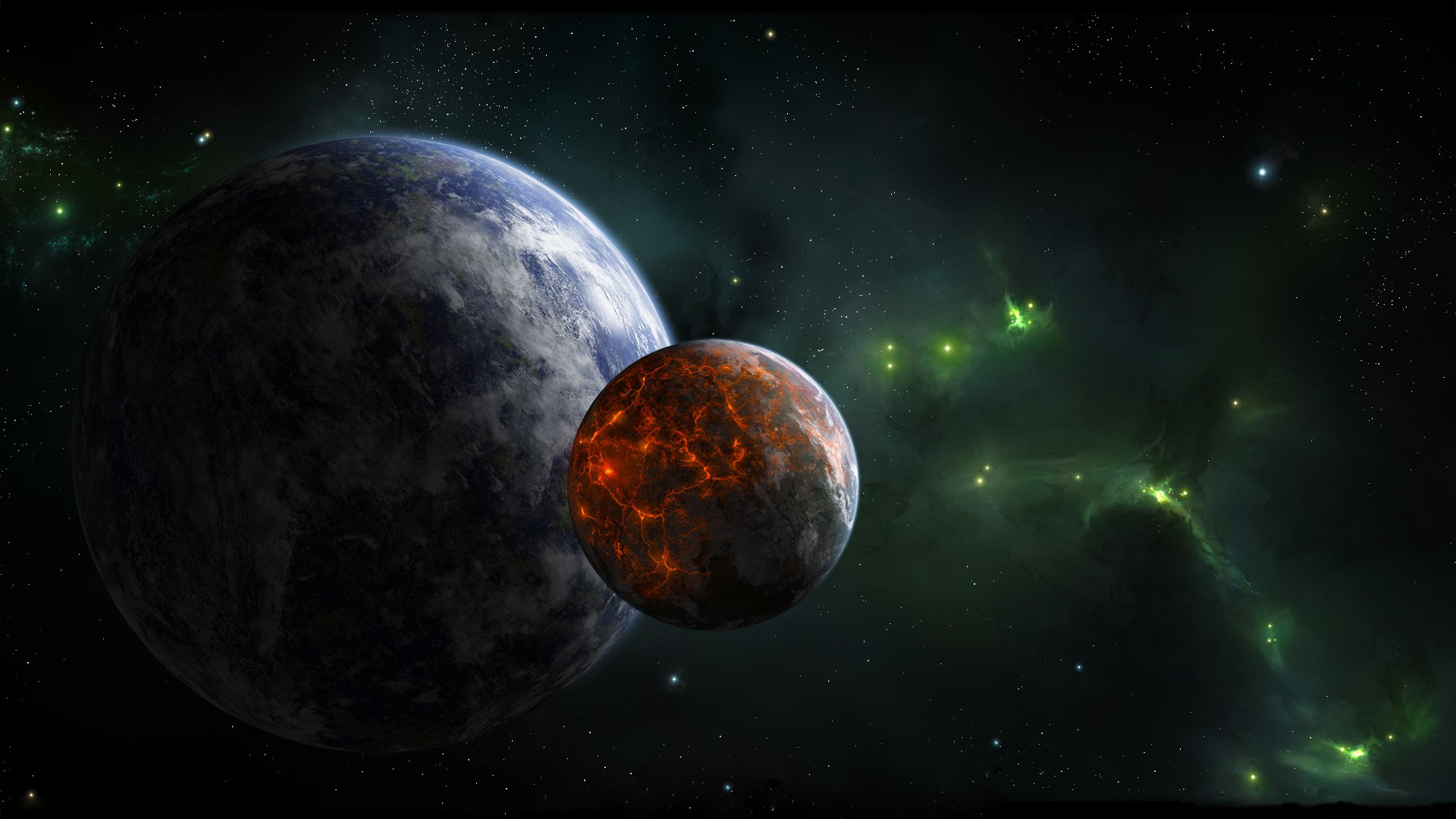 planet satellite volcanic activity star green nebula