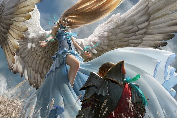 A girl with huge wings seduces a traveler