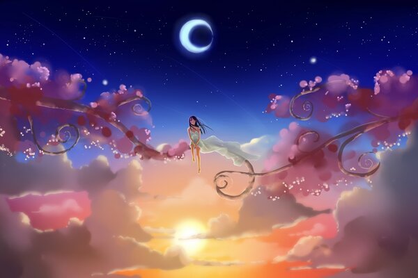 The girl on the cloud. Anime-style image
