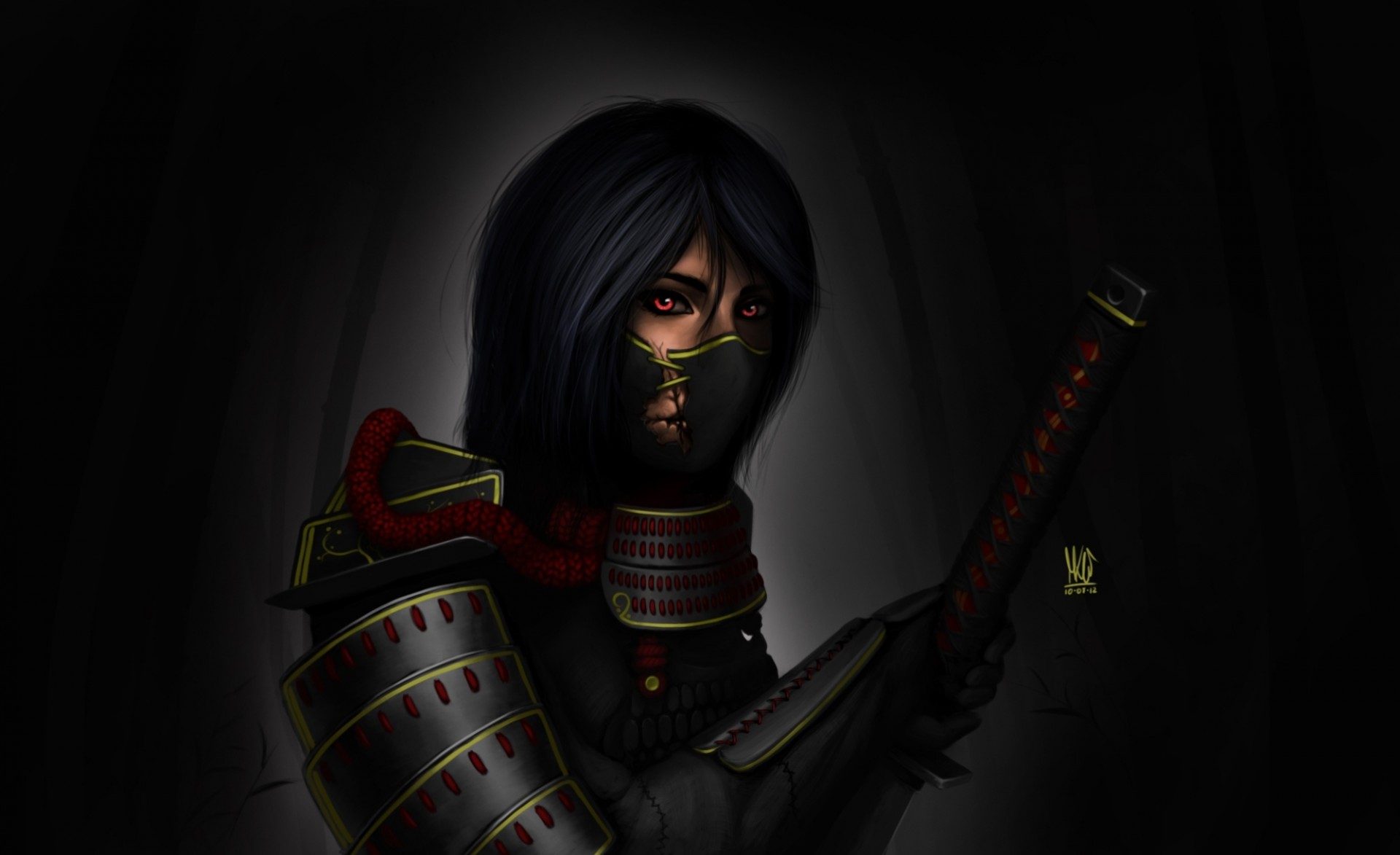 art girl bandage leather sword armour katana dark background samurai