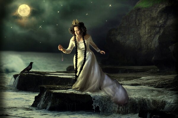 The girl by the water in the moonlight