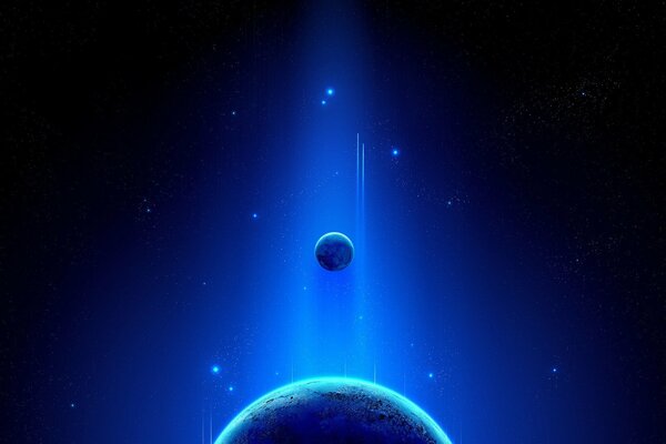A blue glow that highlights a small planet