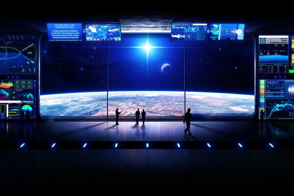 A big screen into space where there are only planets and stars