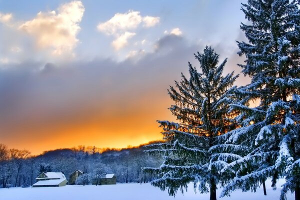 Orange sunset in winter in the mountains