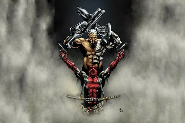Comics Deadpool and superhero in the fog