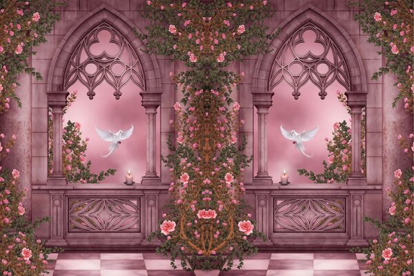 Pigeons fly in the window in pink light
