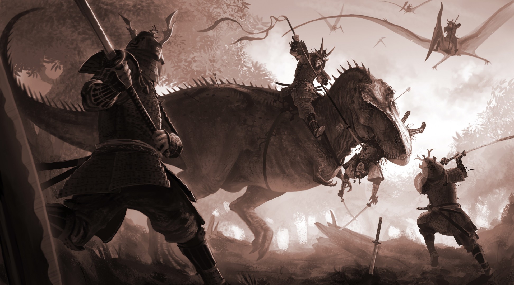 art arvalis superman t-rex dinosaur battle sword raptor samurai katana