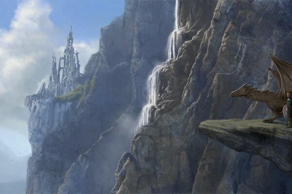 A flying dragon on the edge of a cliff
