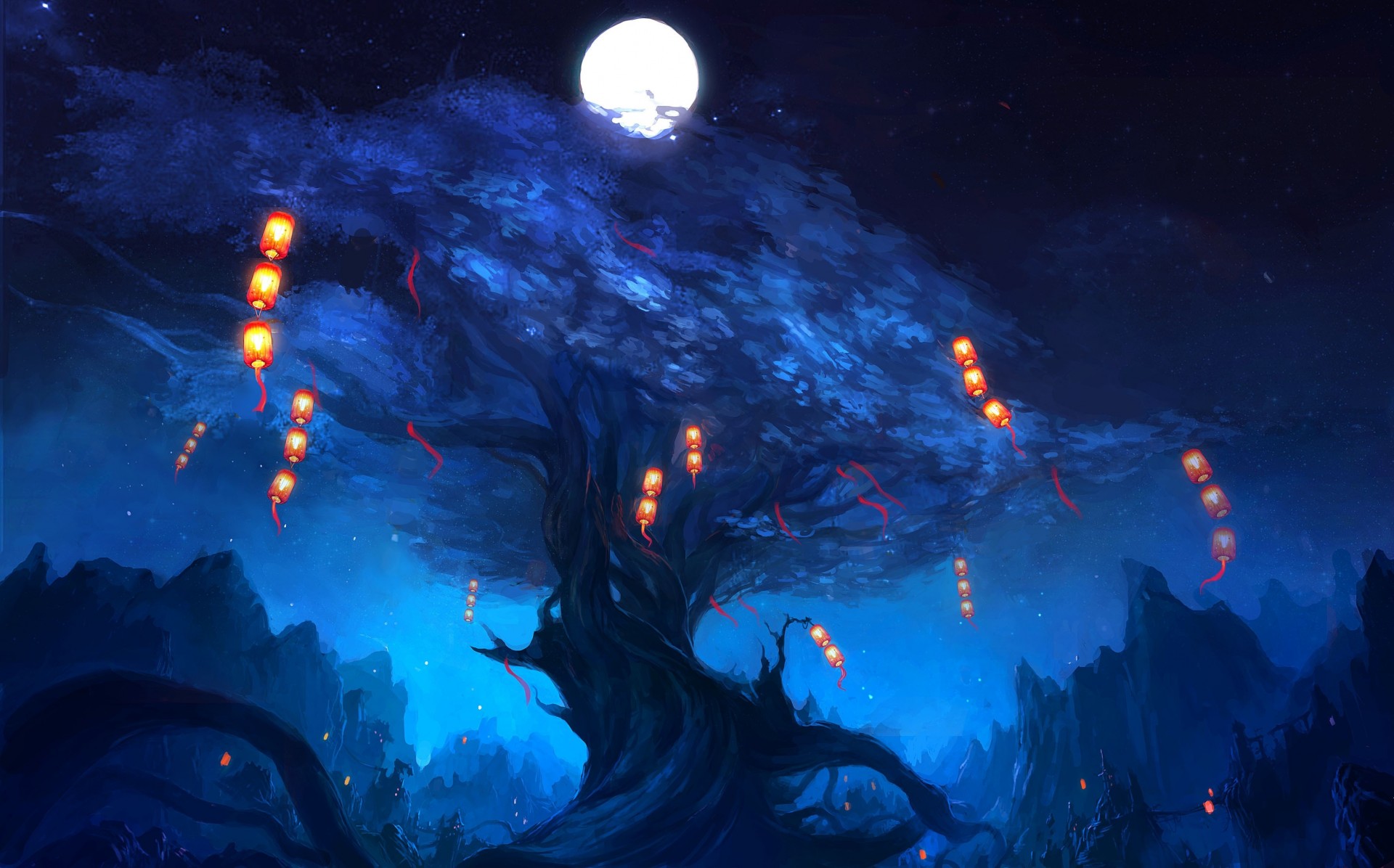 night tree nature town moon mountain flashlight