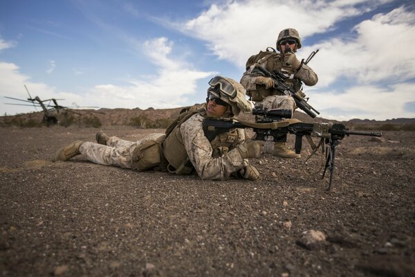The American Army. Soldiers with weapons