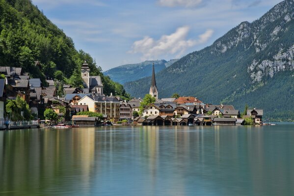 City houses in the reflection of the water surface