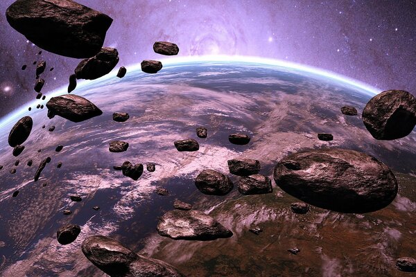 Flying asteroids in space beautiful photo