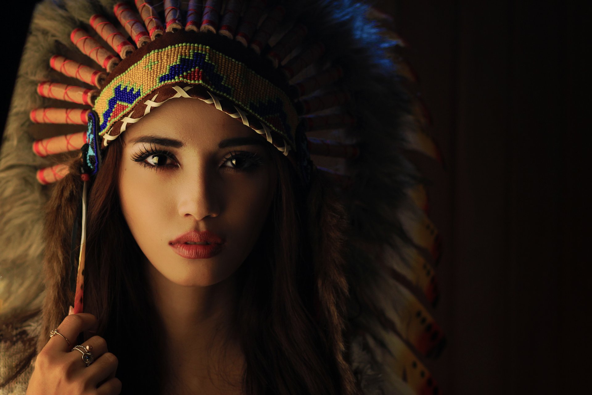 girl brunette make-up indian headdre