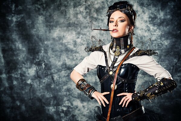 A girl in a leather corset