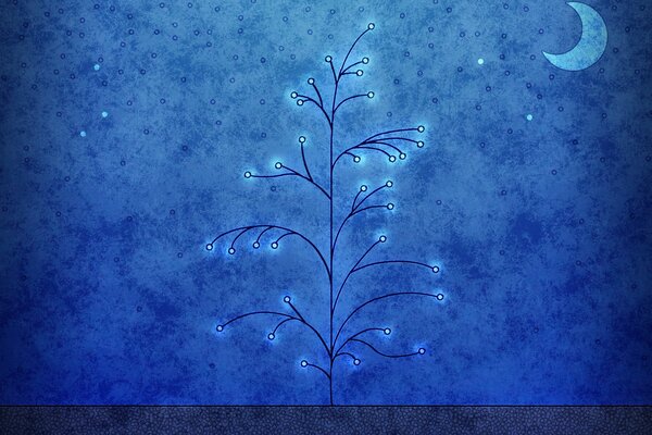 A tree on the background of a starry moonlit night