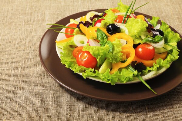 Beautiful bright salad on a brown plate