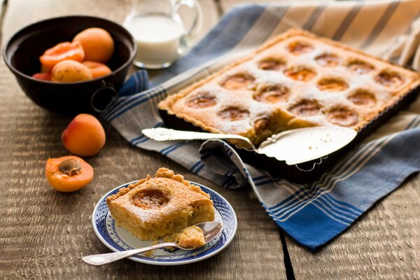 Cake on a towel with apricots