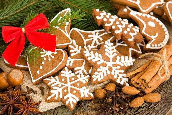 Christmas cookies with icing under the Christmas tree