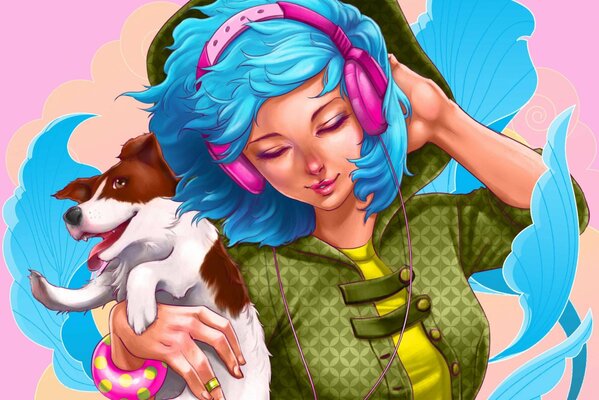 A girl with headphones touches her hair. a bracelet on his hands. a girl holds an animal dog