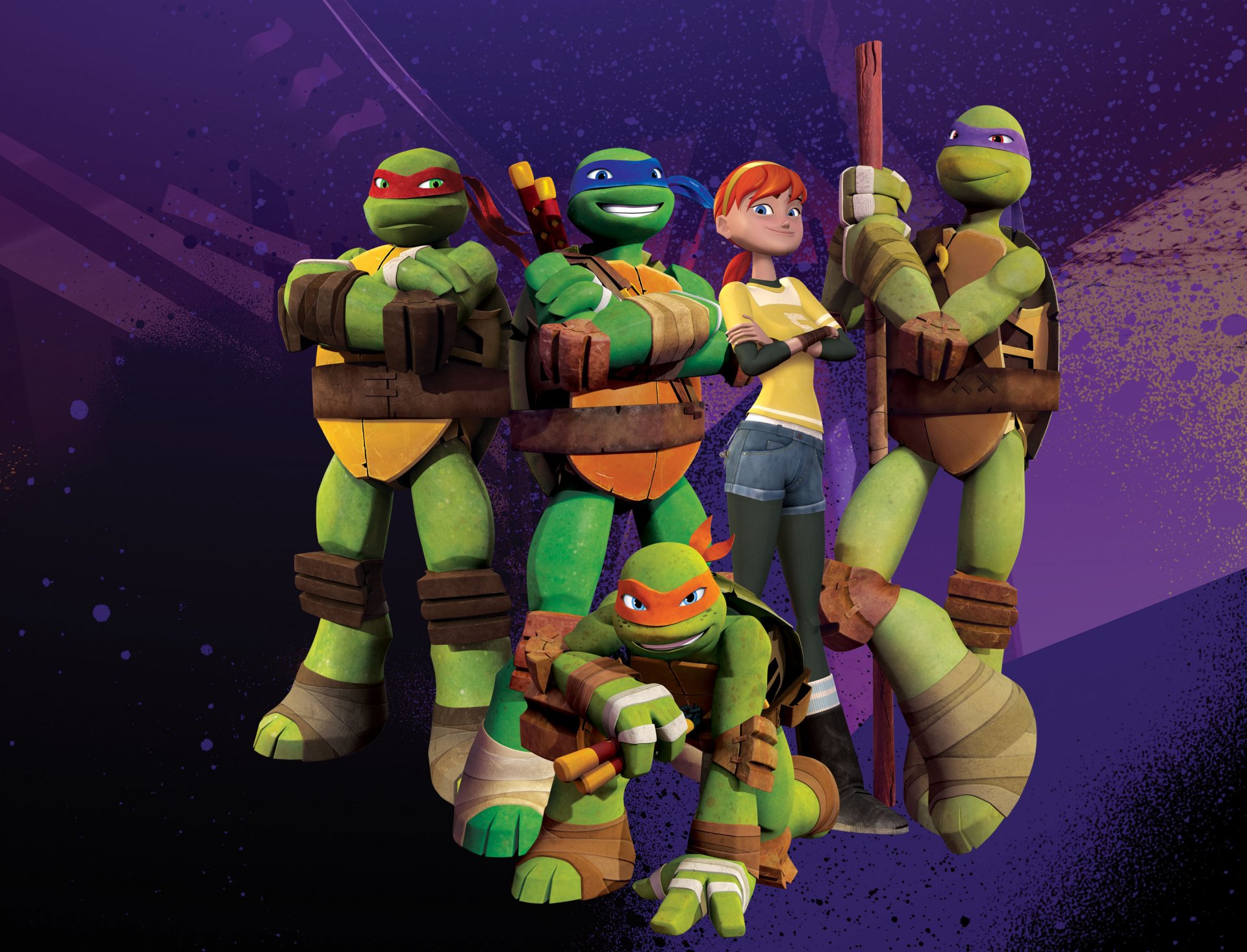 tmnt nickelodeon teenage mutant ninja turtles ninja turtles leonardo donatello michelangelo raphael cgi animation nicktoon group pose characters weapons green cartoon 3d 3d cartoon april april o neil tmnt 2012 tv serie