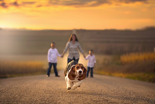 A running dog and a woman with children