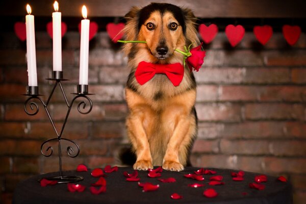 Romance and a dog with a rose in his teeth