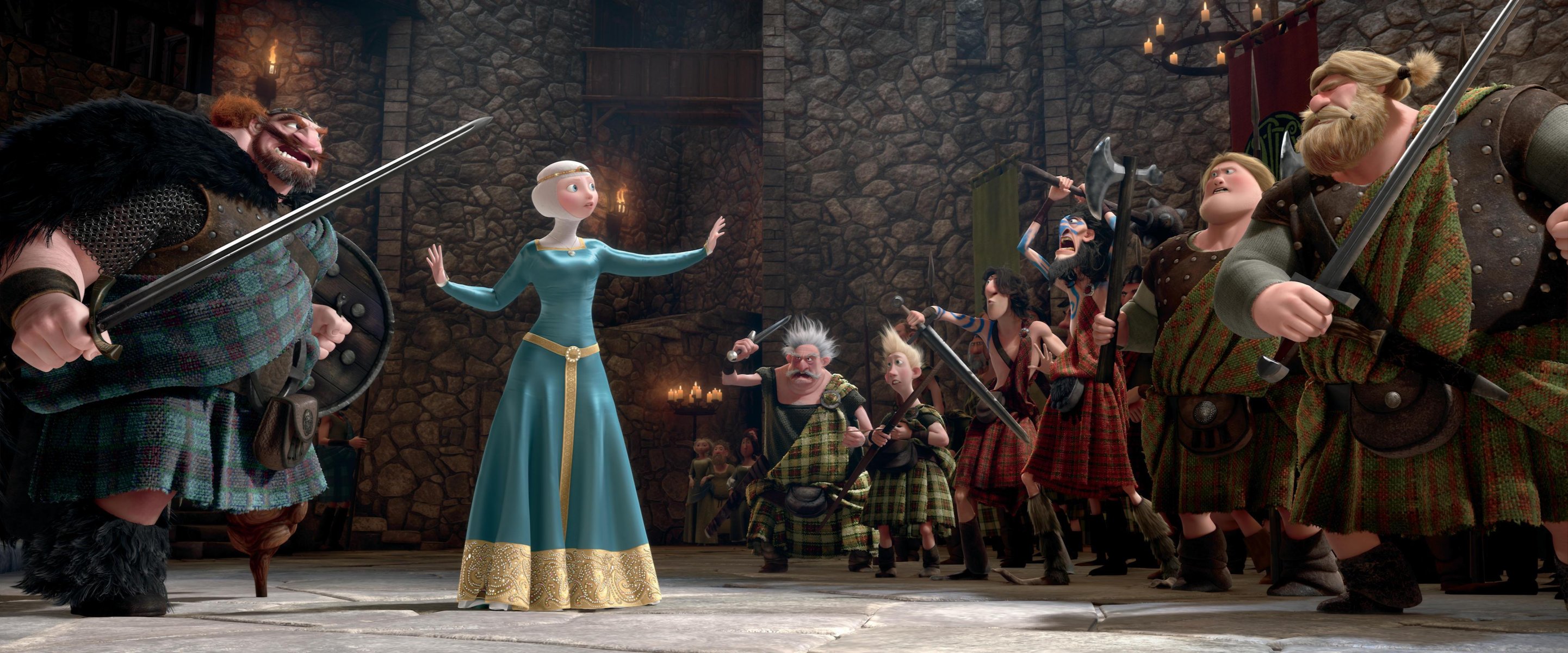 movie disney pixar scotland king queen princess barbarians merida red hair brave heart cartoon pixar archer warriors scots castle candles assembly