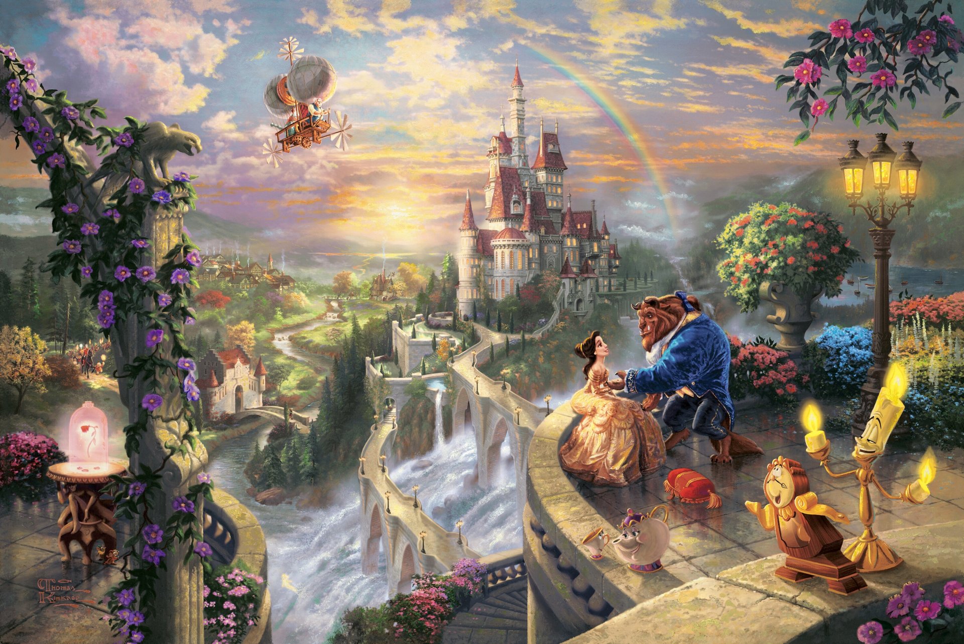thomas kincaid beauty and the beast fall in love disney dreams collection 50th anniversary belle prince art castle sunset rainbow fairy tale fantasy love story grew up beauty and the beast belle prince disney art love couple balcony lumiere