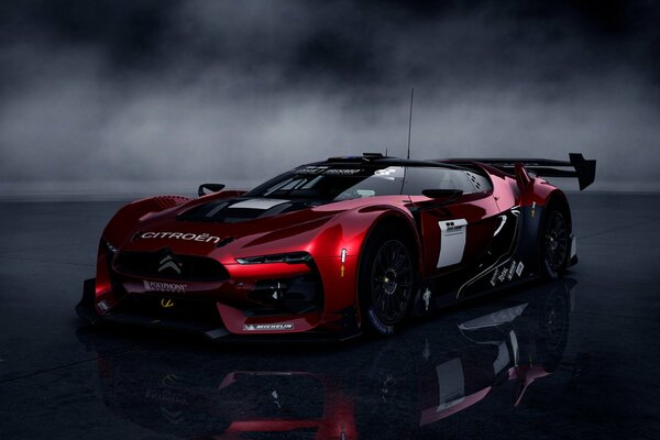 Gran turismo five on a fog background with a reflection in the floor