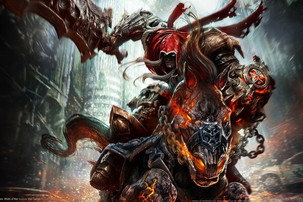 Demon rider with a sword and on a horse
