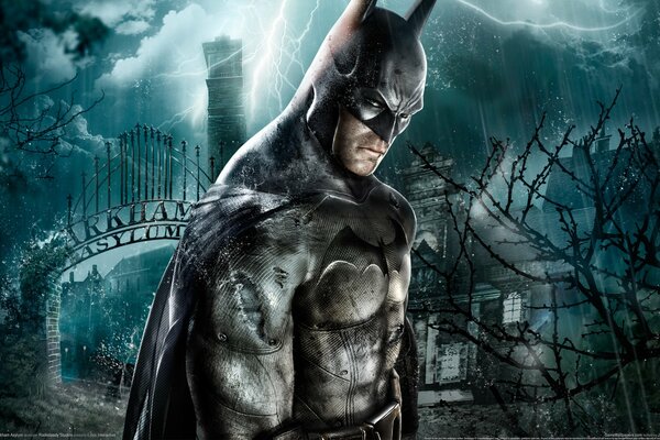 Batman on the background of a dark menacing sky near the castle gate