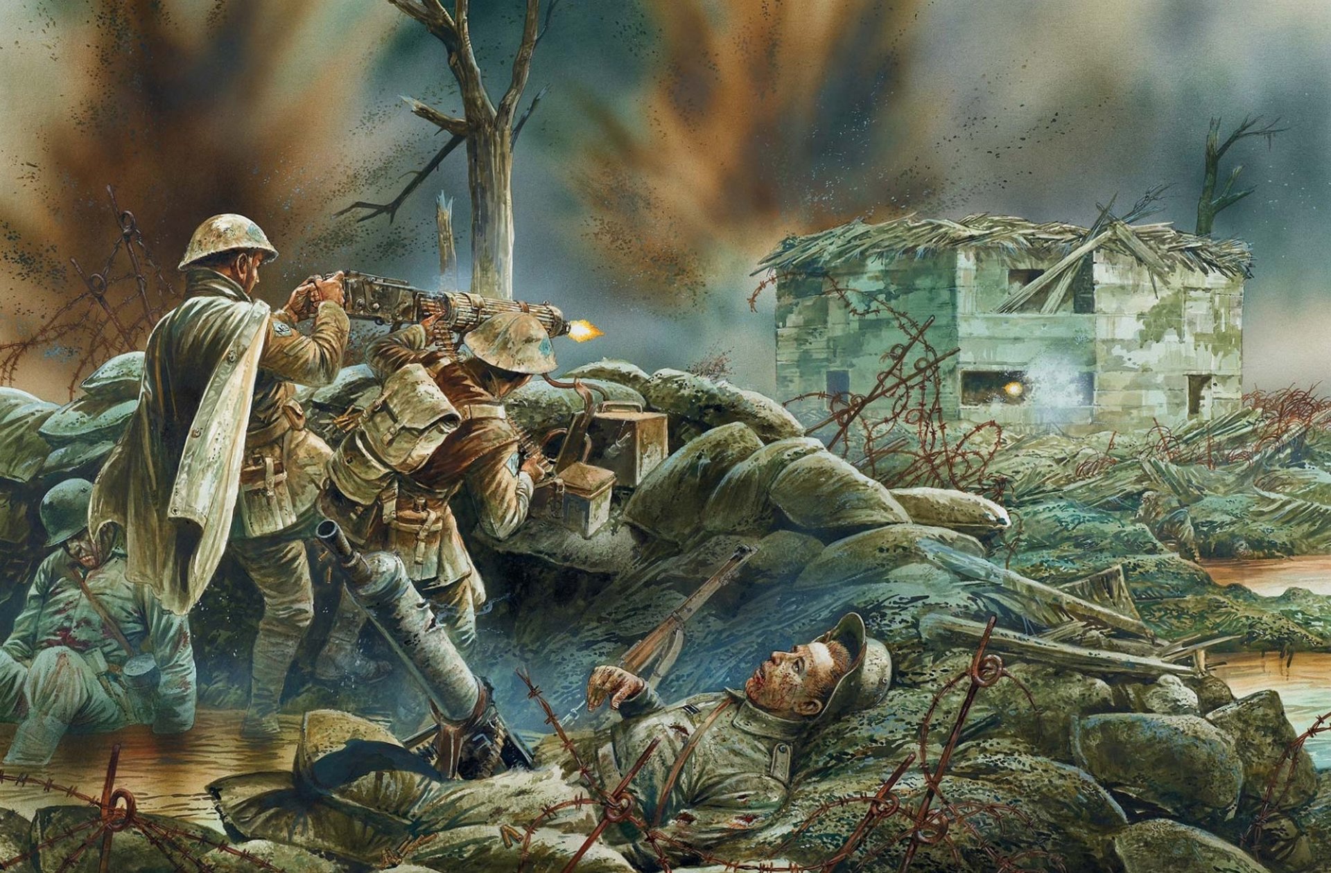 art fight trench uk men industrial complex heavy vickers shots german position explosions water dirt fracture wwi picture