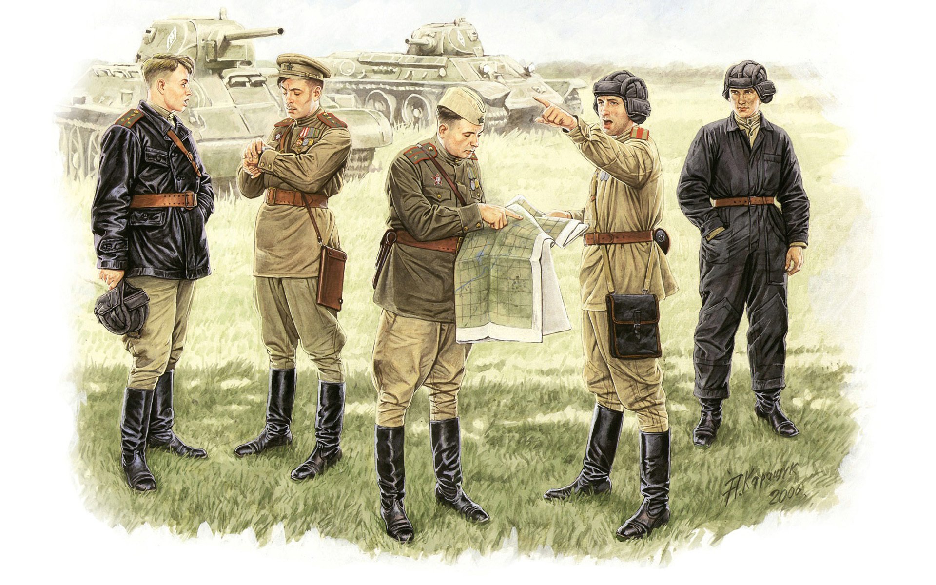 art soldiers soviet officers in field conditions briefing ussr wwii ww2 artist A.karashchuk