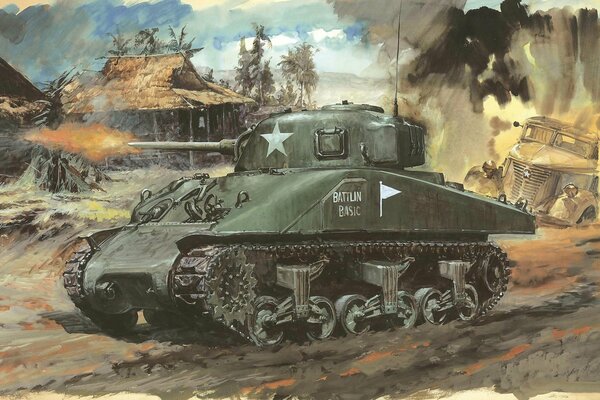 Drawing with strokes of an American tank