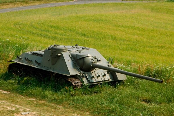 Self-propelled artillery installation on the background of a mowed field
