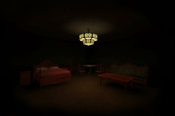 Gloomy room with a bed and a chandelier