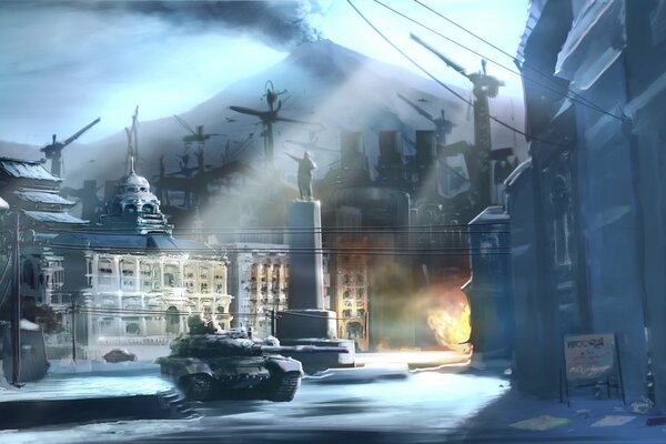 Tanks are attacking in the foggy city and houses are burning.