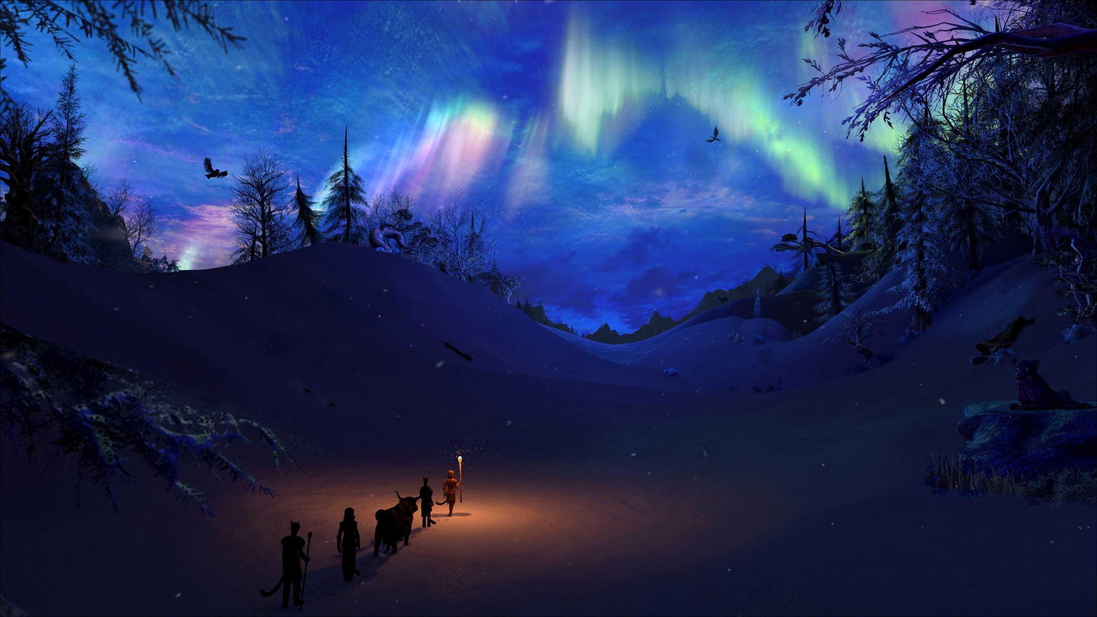 kyrim skyrim game art torch fire winter snow firs pines sky dragon
