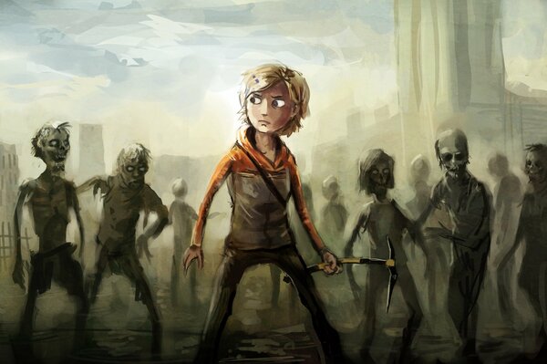 Molly on the background of zombies from the walking dead game