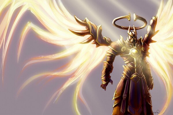 An alien with wings in armor. Fantasy World