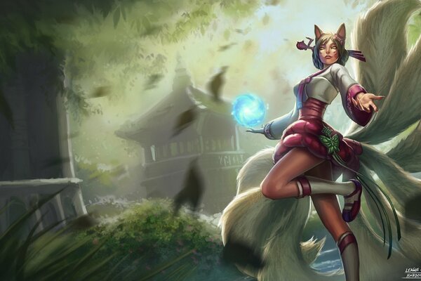 A girl with a magic ball and tails