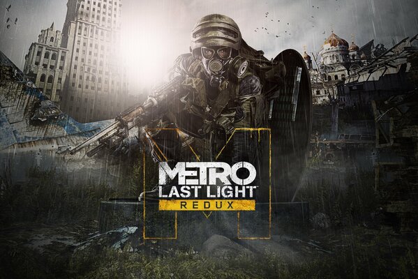 On the ruins of a destroyed city, a survivor of,, metro,, ranger in a gas mask and with a gun in his hands