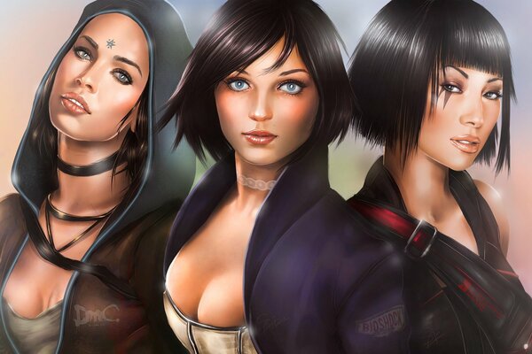 Three cute hand-drawn girls