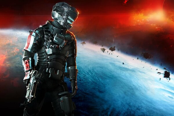 A boy in armor in space with a weapon