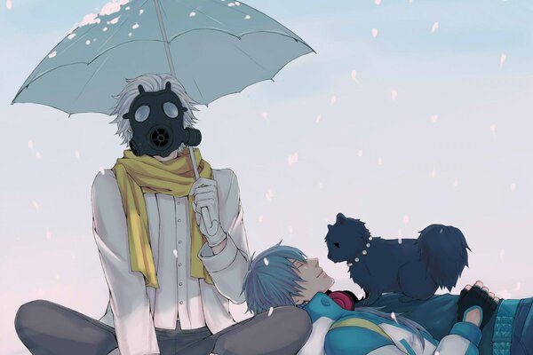 Art of a dramatic murder with an umbrella and a gas mask