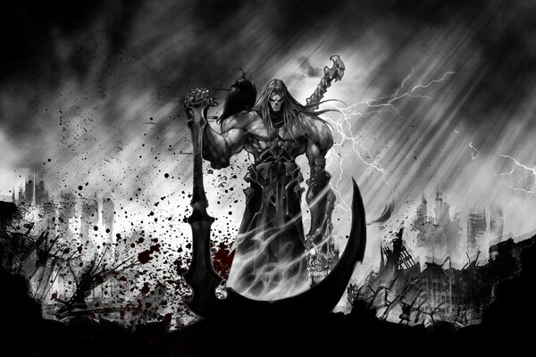 Black and white image of a figure armed with a scythe with lightning bolts